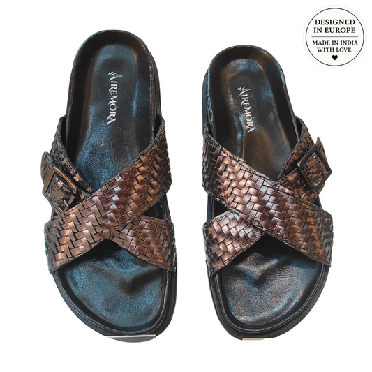 Airemora BronzeWeave Slides - European Design Crafted in Genuine Leather