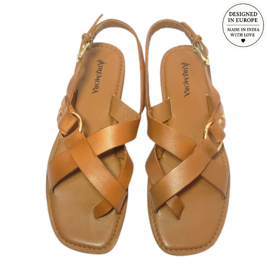 Airemora Amber Leather Flats – European Genuine Leather Cross-Strap Design