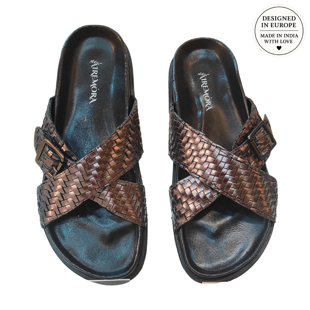 Airemora™ BronzeWeave Slides – European Design in Genuine Leather