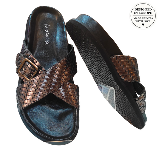 Airemora™ BronzeWeave Slides – European Design in Genuine Leather