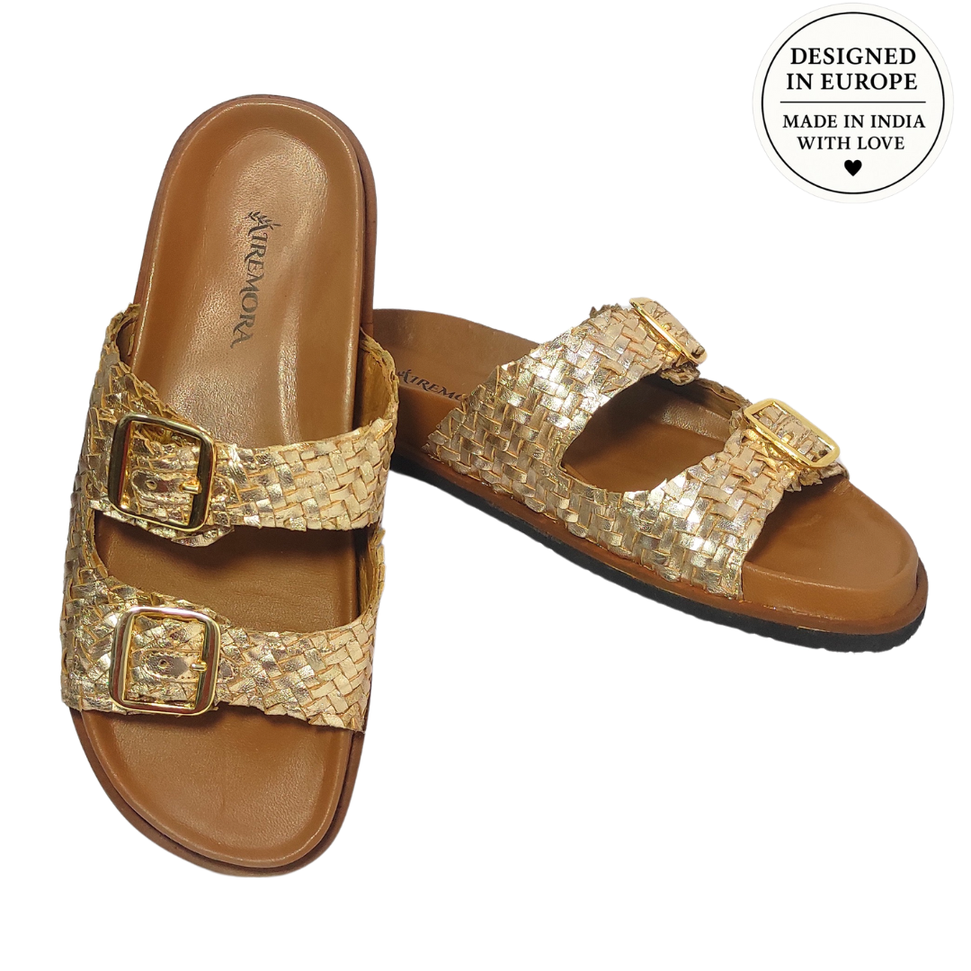 Airemora Aurora Gold Slides - European Design in Genuine Leather Duo Slides
