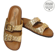 Airemora Aurora Gold Slides - European Design in Genuine Leather Duo Slides
