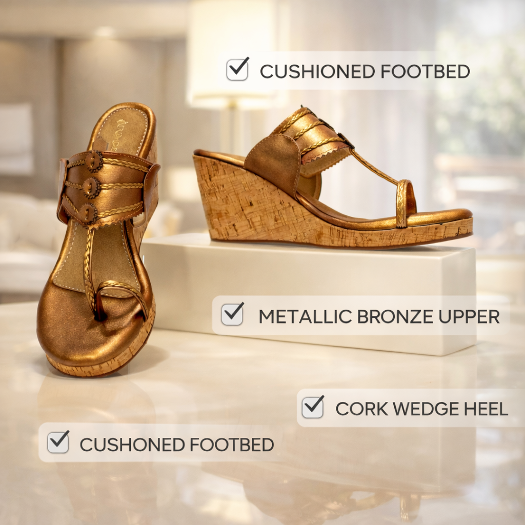 Antique Gold Platform Heel | Wedge With Toe Grip| Casual Wedge Sandal
