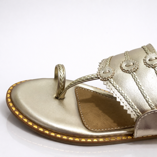 Gold Slider With Toe Support | One Toe Kolhapuri Flats | Muted Gold Tone Flats